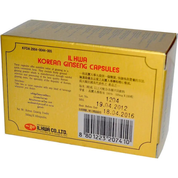 Женьшень корейський (корінь), Korean Ginseng, Ilhwa, 500 мг, 100 капсул