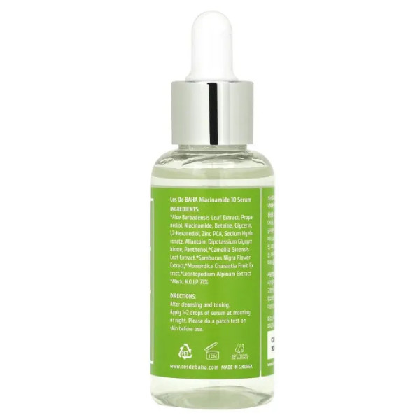Сироватка для обличчя з ніацинамідом та цинком, N, Niacinamide 10% Serum with Zinc 1%, Cos De BAHA, 60 мл