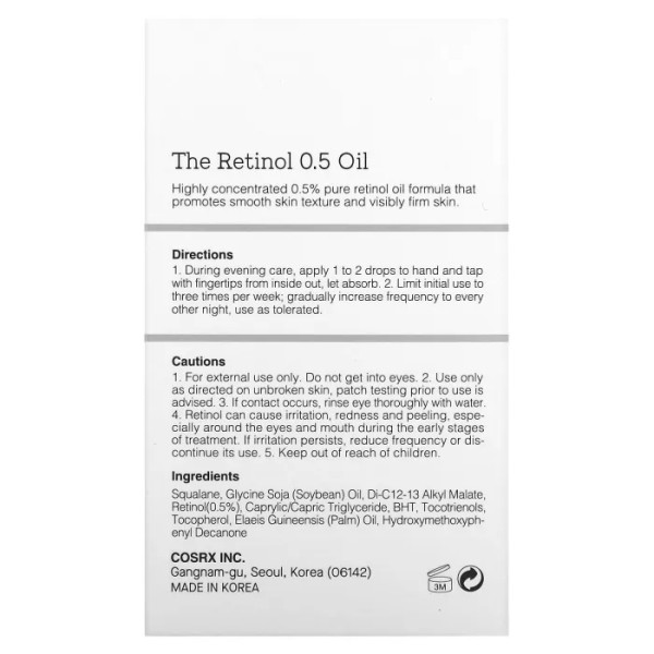 Олія з ретинолом 0,5, Retinol 0.5 Oil, CosRx, для вечірнього догляду за обличчям, 20 мл