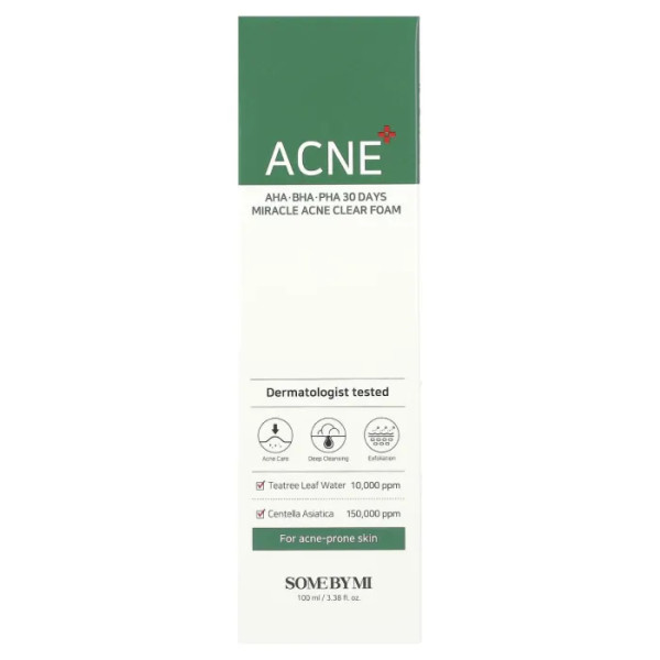 Пінка для обличчя з кислотами АГК, БГК та ПГК, AHA, BHA, PHA 30 Days Miracle Acne Clear Foam, SOME BY MI, очищуюча, для усунення недосконалостей шкіри за 30 днів, 100 мл