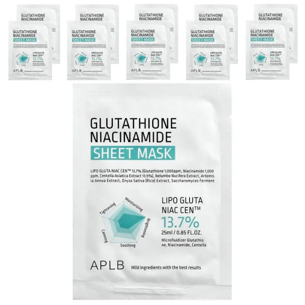 Маска косметична для обличчя, тканинна, Glutathione Niacinamide Beauty Sheet Mask, APLB, з глутатіоном та ніацинамідом, 10 штук (по 25 мл у кожній)