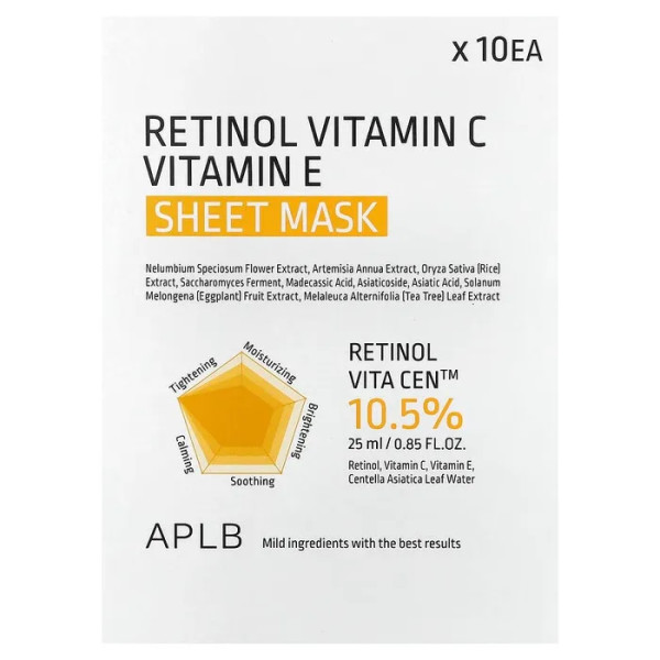 Маска-накладка для обличчя, Retinol Vitamin C, Vitamin E Beauty Sheet Mask, APLB, з ретинолом, вітаміном С та Е, 10 штук (по 25 мл у кожній)