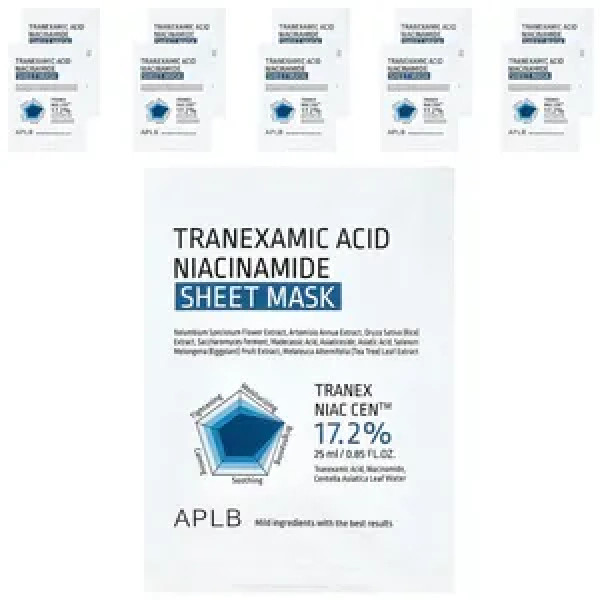 Маска для обличчя, тканинна, Tranexamic Acid Niacinamide Beauty Sheet Mask, APLB, з транексамовою кислотою та ніацинамідом, 10 штук (по 25 мл у кожній)