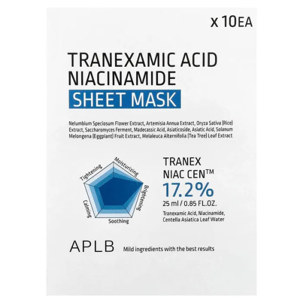 Маска для обличчя, тканинна, Tranexamic Acid Niacinamide Beauty Sheet Mask, APLB, з транексамовою кислотою та ніацинамідом, 10 штук (по 25 мл у кожній)