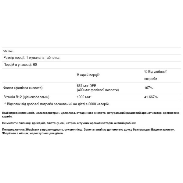 Вітамін B12 і фолієва кислота, Bio B12 + Folic Acid, Genestra Brands, вишневий смак, 60 жувальних таблеток