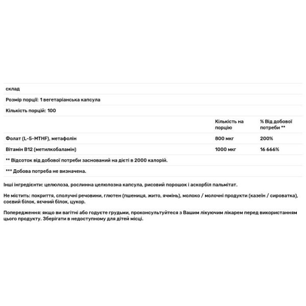 Вітамін В-12 і фолієва кислота, B12 \/ Methyl Folate, Vital Nutrients 1000 мкг \/ 800 мкг, 100 вегетаріанських капсул