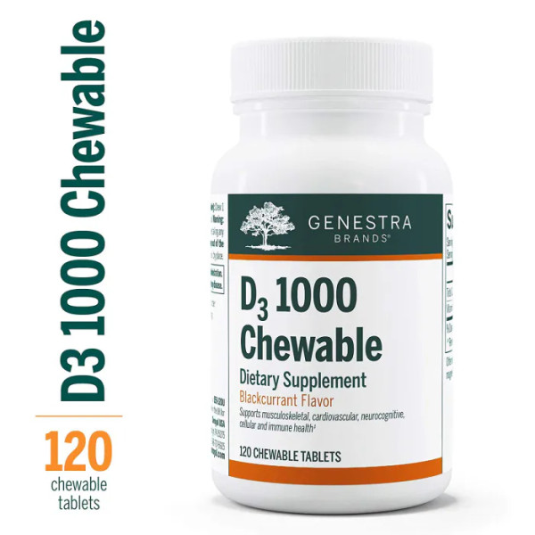 Вітамін D3, Vitamin D3, Genestra Brands, 1000 МО, вегетаріанський, смак чорної смородини, 120 жувальних таблеток