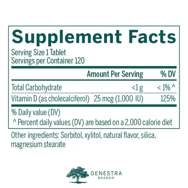 Вітамін D3, Vitamin D3, Genestra Brands, 1000 МО, вегетаріанський, смак чорної смородини, 120 жувальних таблеток