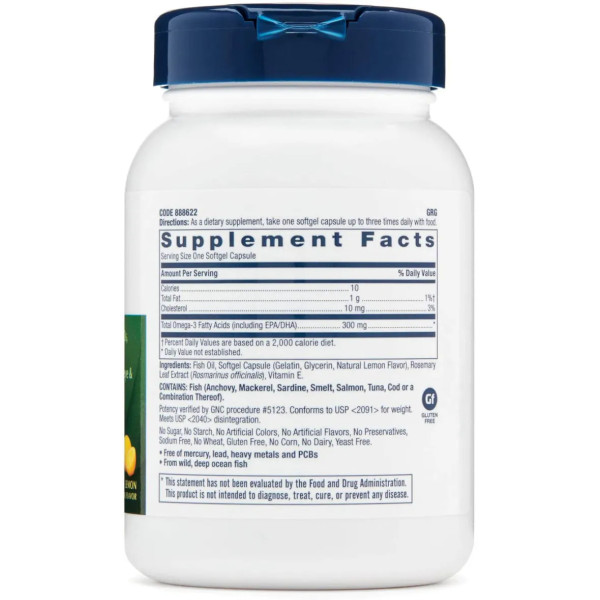 Омега-3 (риб'ячий жир), Fish Oil, GNC, 300 мг, смак лимона, 90 гелевих капсул