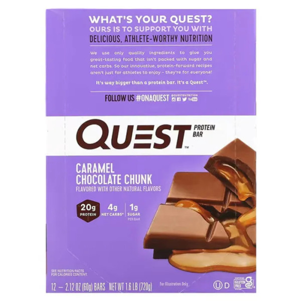 Протеїнові батончики, Protein Bar, Quest Nutrition, шматочки карамельного шоколаду, 12 шт по 60 г