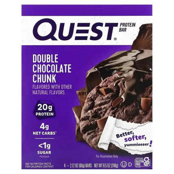 Протеїнові батончики, Protein Bar, Quest Nutrition, подвійний шоколад, 4 шт по 60 г кожен