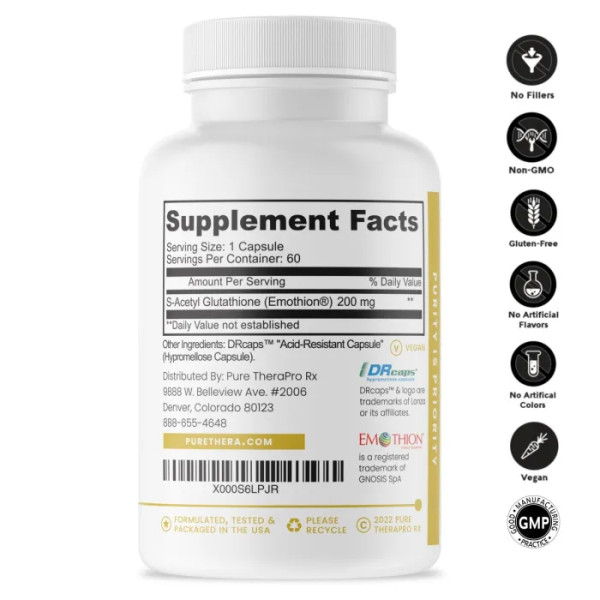 S-Ацетил глутатіон, Glutathione Gold, PURE Therapro Rx, 200 мг, 60 вегетаріанських капсул