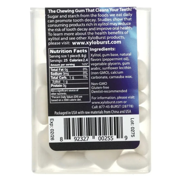 Жувальна гумка з ксилітом, Xylitol Gum, Xyloburst, зі смаком перцевої м’яти, 25 шт., 37,5 г