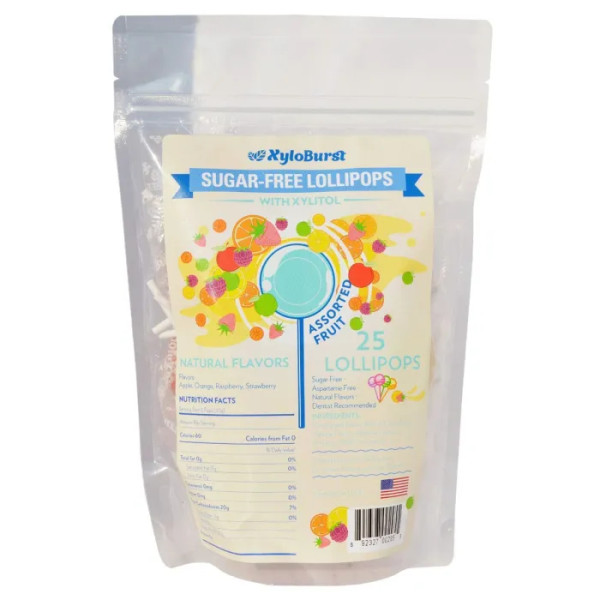 Леденцы с ксилитом, Lollipops, Xyloburst, ассорти фруктов, на палочке, без сахара, 25 шт
