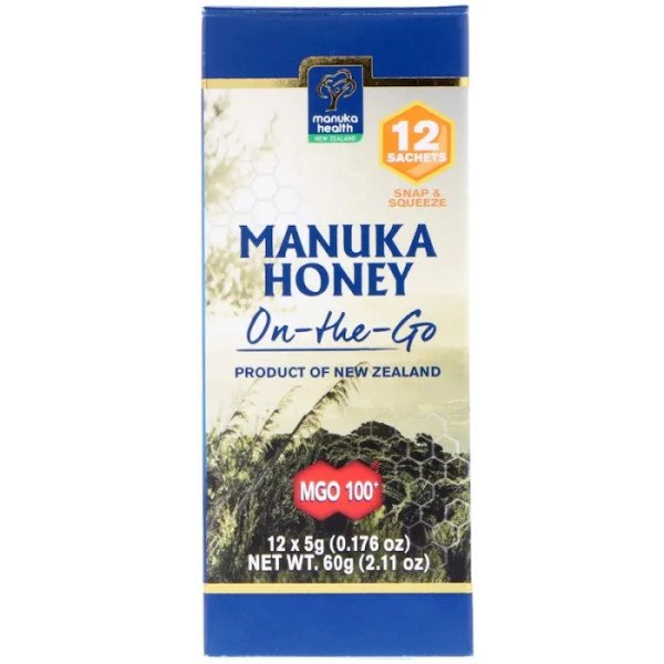 Манука мед, Honey MGO 100 +, Manuka Health, дорожній, 12 пакетиків по 5 г