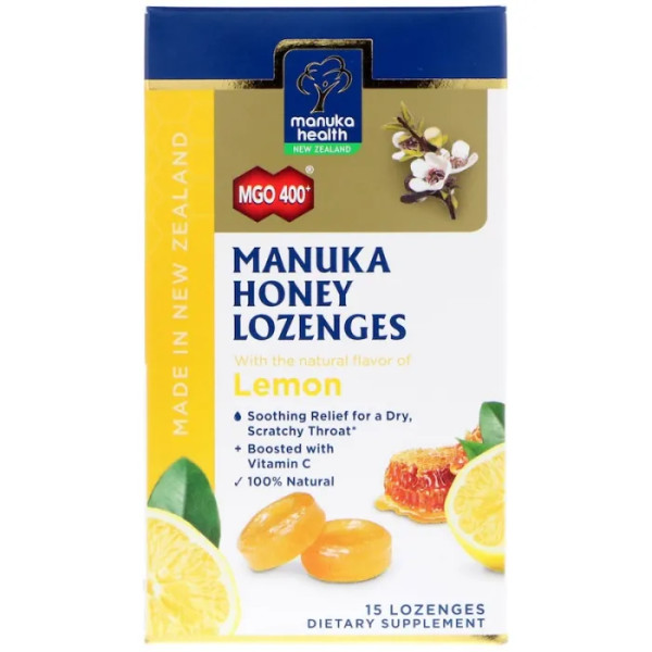Манука мед, Manuka Honey Lozenges MGO 400+, смак лимона, Manuka Health, 15 шт.