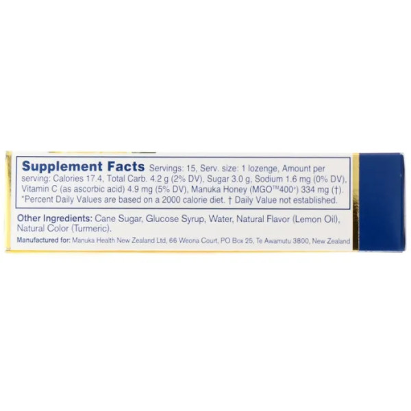 Манука мед, Manuka Honey Lozenges MGO 400+, смак лимона, Manuka Health, 15 шт.