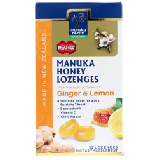 Мед Манука, Manuka Health Manuka Honey Lozenges MGO 400+, зі смаком лимона та імбиру, 15 шт.