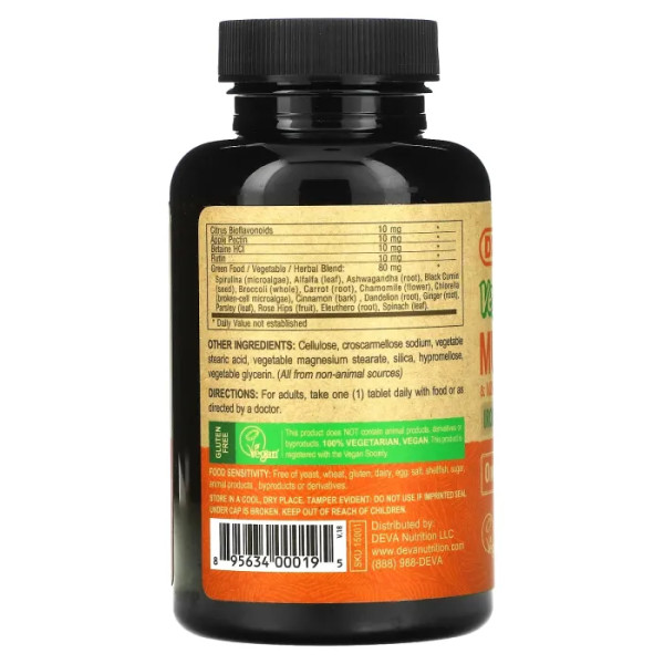 Вітаміни та мінерали без заліза, Multivitamin & Mineral, Deva, із зеленню, 90 таблеток