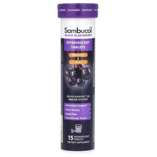 Чорна бузина для імунітету, Black Elderberry, Sambucol, з вітаміном C та цинком, від 4-х років, 15 шипучих таблеток