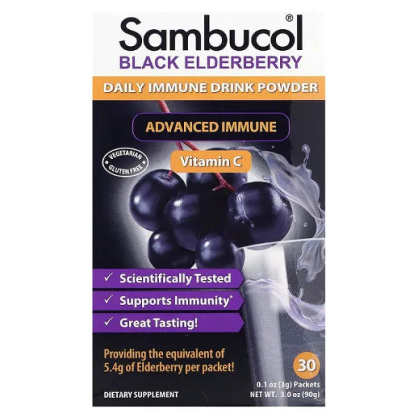 Чорна бузина, Black Elderberry, Sambucol, щоденна підтримка імунітету, порошок, 30 пакетиків по 3 г кожен