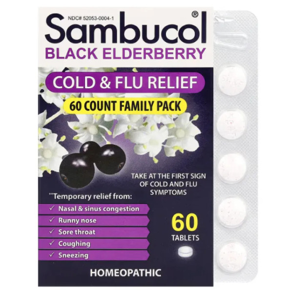 Чорна бузина, Black Elderberry, Sambucol, засіб від застуди і грипу для всієї родини, 60 таблеток, що швидко розчиняються.