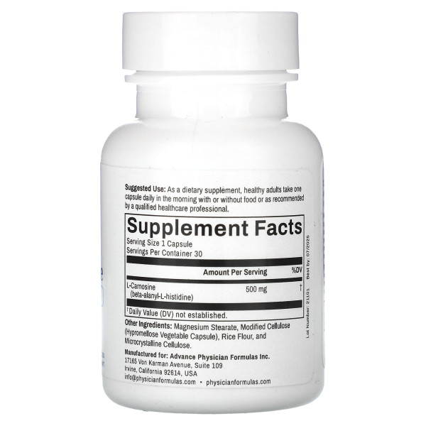 L-карнозин, L-Carnosine, Advance Physician Formulas, 500 мг, 30 капсул