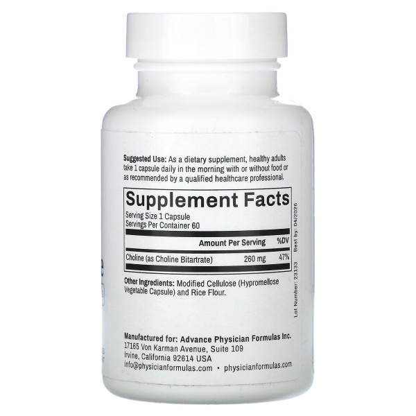 Холін бітартрат, Choline Bitartrate, Advance Physician Formulas, 260 мг, 60 капсул