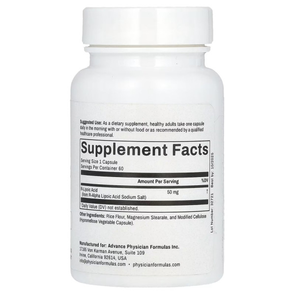 R ліпоєва кислота, R-Lipoic Acid, Advance Physician Formulas, 50 мг, 60 вегетаріанських капсул