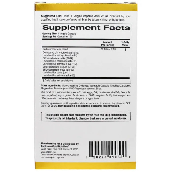 Пробіотик, LactoBif Probiotics, California Gold Nutrition, 100 млд КОЕ, 30 капсул