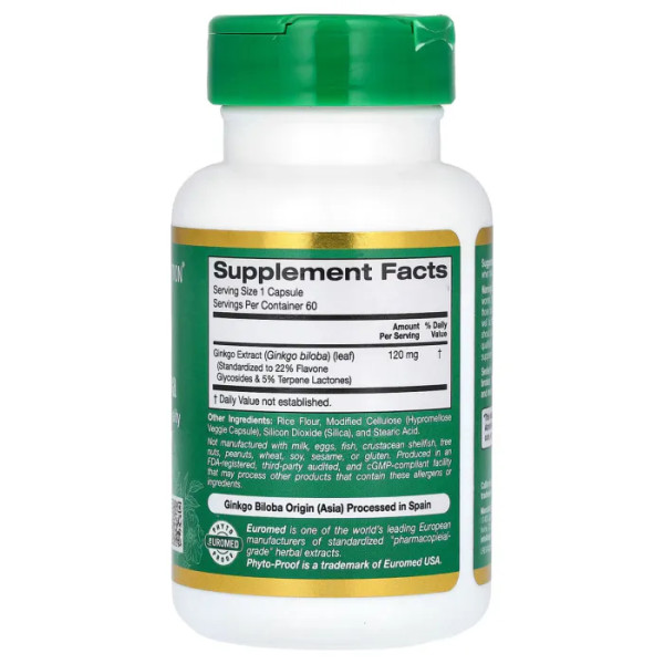 Гинкго Билоба, Gingko Biloba, California Gold Nutrition, EuroHerbs, экстракт, 120 мг, 60 вегетарианских капсул