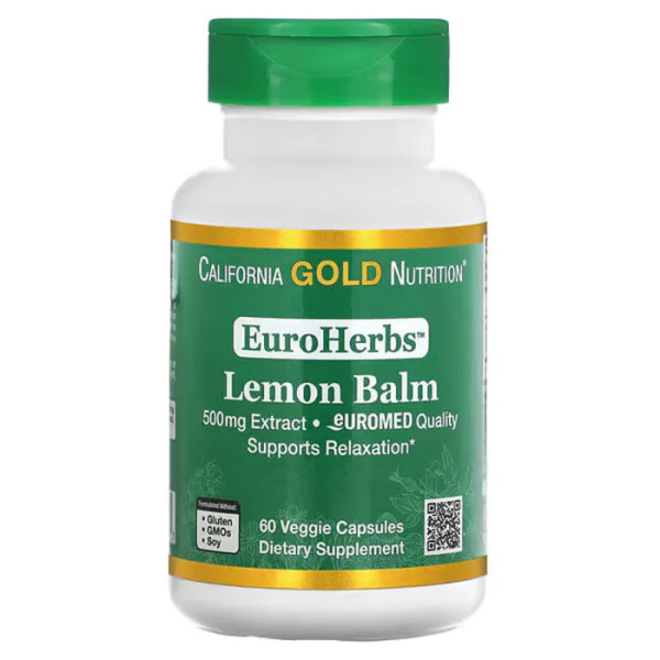 Мелісса, Lemon Balm, California Gold Nutrition, EuroHerbs, екстракт, 500 мг, 60 вегетаріанських капсул