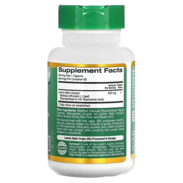 Мелісса, Lemon Balm, California Gold Nutrition, EuroHerbs, екстракт, 500 мг, 60 вегетаріанських капсул