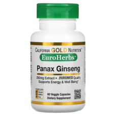 Женьшень 250 мг, экстракт, Panax Ginseng California Gold Nutrition EuroHerbs, 60 вегетарианских капсул