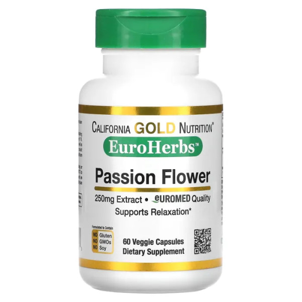 Пасифлора, екстракт, Passion Flower, California Gold Nutrition, EuroHerbs, 250 мг, 60 вегетаріанських капсул