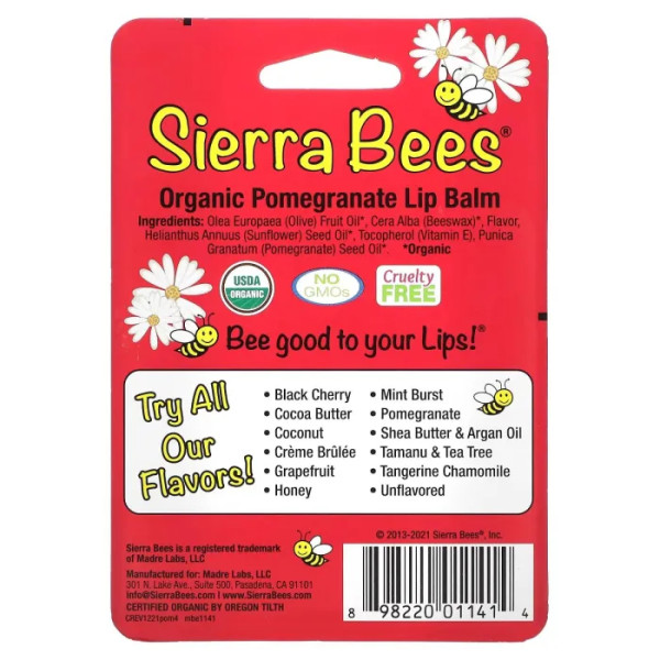 Бальзами для губ органічні, Lip balms, Sierra Bees, гранат, 4 штуки по 4,25 г