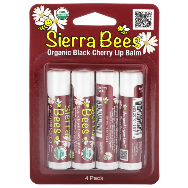 Бальзам для губ, органічний, Organic Lip Balms, Sierra Bees, чорна вишня, 4 шт по 4,25 г