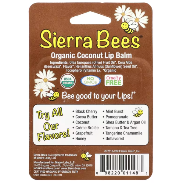 Бальзам для губ, органічний, Organic Lip Balms, Sierra Bees, кокос, 4 шт. по 4,25 г