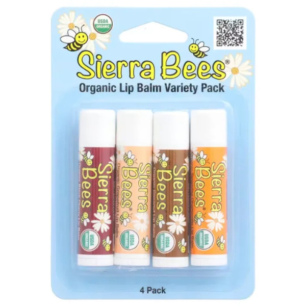 Бальзам для губ, органічний, Organic Lip Balms, Sierra Bees, чорна вишня, кокос, грейпфрут, мандарин та ромашка, 4 шт. по 4,25 г