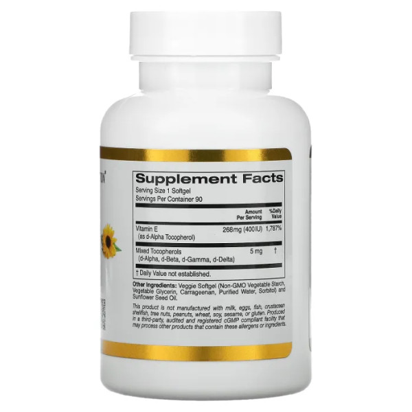 Вітамін Е з соняшнику з токоферолами, Vitamin E Sunflower, California Gold Nutrition, без ГМО, 400 МО, 90 капсул