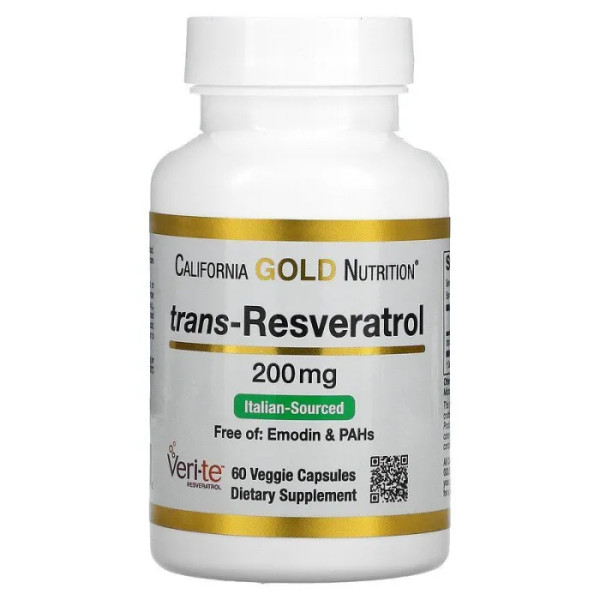 Ресвератрол, Resveratrol, 98% Trans-Resveratrol, California Gold Nutrition, 200 мг, 60 капсул