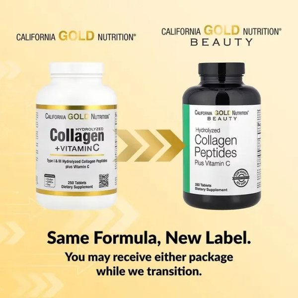 Пептиды гидролизованного коллагена + витамин С, Collagen Peptides + Vitamin C, California Gold Nutrition, тип 1 и 3, 250 таблеток