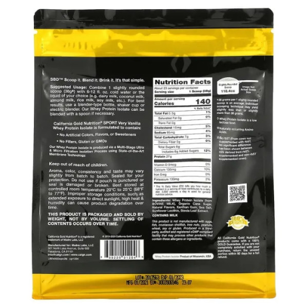 Сироватковий протеїн ізолят, Whey Protein Isolate, California Gold Nutrition, ваніль, 908 г