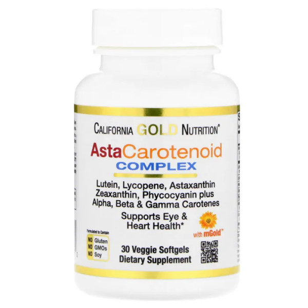 Комплекс каротиноїдів: лютеїн, лікопін, астаксантин, AstaCarotenoid Complex, California Gold Nutrition, підтримує здоров'я очей та серця, 30 рослинних м'яких капсул.
