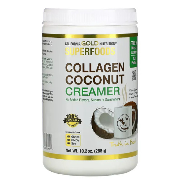Кокосові вершки з колагеном, Collagen Coconut Creamer, SUPERFOODS, California Gold Nutrition, непідсолоджений порошок, 288 г