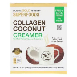 Кокосові вершки з колагеном, без підсолоджувачів Collagen Coconut Creamer California Gold Nutrition SUPERFOODS, 12 пакетиків по 24 г