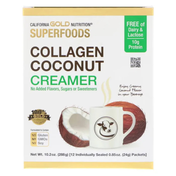 Кокосові вершки з колагеном, Collagen Coconut Creamer, California Gold Nutrition, SUPERFOODS, непідсолоджені, 12 пакетиків по 24 г