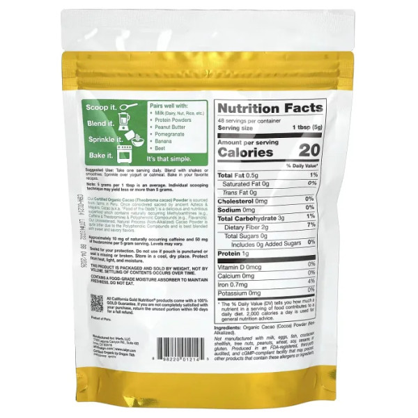 Какао-порошок, Organic Cacao Powder, California Gold Nutrition, Superfoods, органік, 240 г