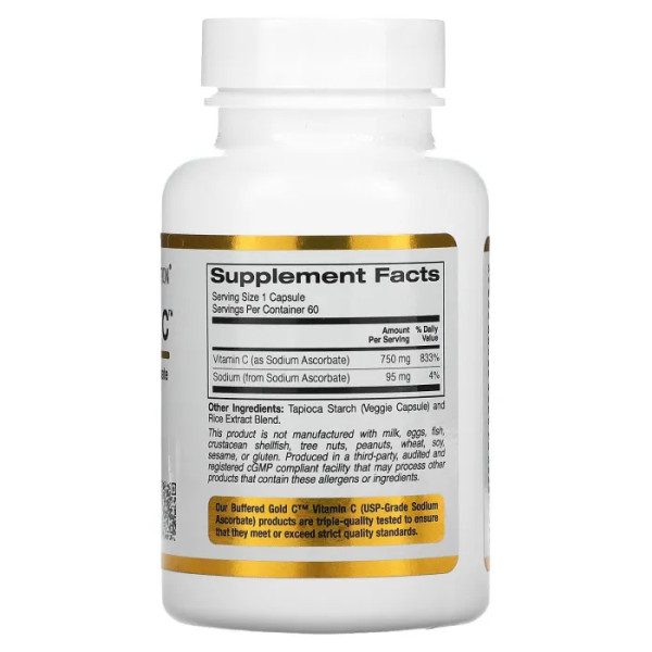 Вітамін С, буферизований, Buffered Vitamin C, California Gold Nutrition, аскорбат натрію, 750 мг, 60 рослинних капсул
