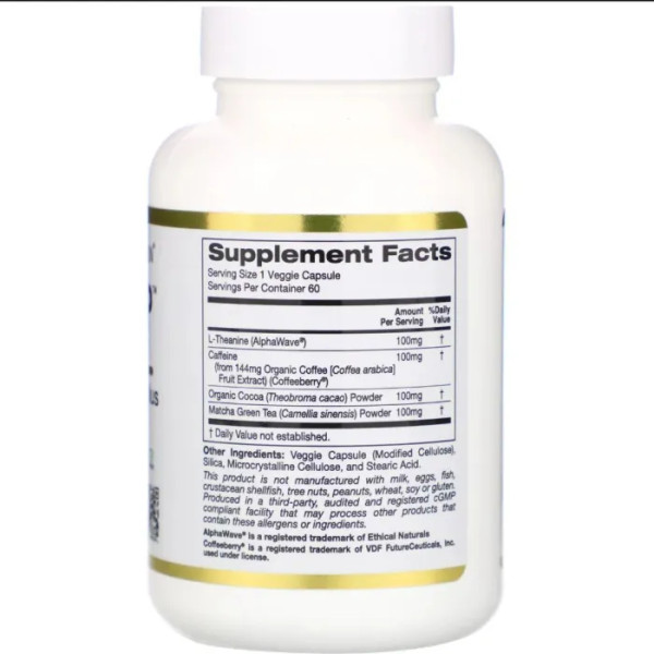 L-теанін та кофеїн, L-Theanine & Caffeine, California Gold Nutrition, з какао та матча, 60 рослинних капсул